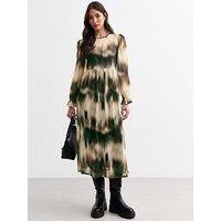 New Look Grey Abstract Mesh Long Sleeve Midi Dress - Print