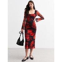 New Look Red Floral Mesh Square Neck Midi Dress - Print