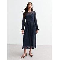 New Look Mesh Long Sleeve Midi Smock Dress - Navy