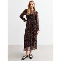 New Look Leopard Print Mesh Long Sleeve Midi Dress - Brown