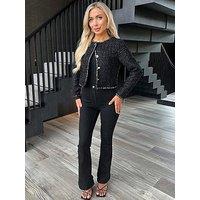 Ax Paris Sparkle Tweed Contrast Hem Detail Cropped Jacket - Black