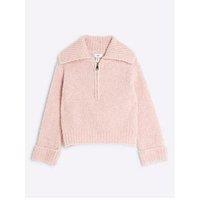 River Island Older Girl Boucle Zip Funnel Neck Jumper - Pink