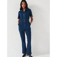 V By Very Stretch Denim Jumpsuit - Dark Wash