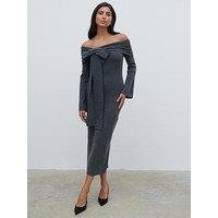 Pretty Lavish Tilda Bardot Bow Midaxi Knit Dress - Charcoal - Grey