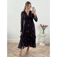 Style Cheat Floral Print Tiered Skirt Midi Dress - Black