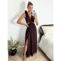 Style Cheat Cut Out Ruffle Shoulder Maxi Dress - Brown