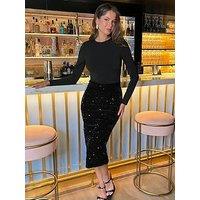 Ax Paris Velvet Sequin 2 In 1 Long Sleeve Midi Dress - Black