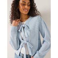 V By Very Bow Front Open Stitch Cropped Cardigan - Blue