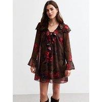 New Look Ruffle Trim Long Sleeve Rose Print Mini Dress - Brown