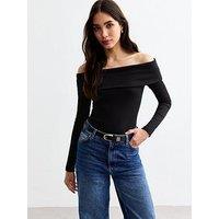 New Look Ribbed Foldover Bardot Top - Black