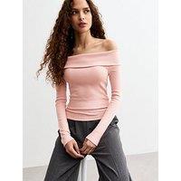 New Look Ribbed Foldover Bardot Top - Pink