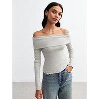 New Look Ribbed Foldover Bardot Top - Grey