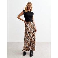 New Look Brown Animal Print Satin Midi Skirt