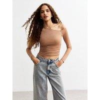 New Look Ruched Mesh One Shoulder Long Sleeve Crop Top - Brown