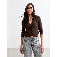 New Look Crew Neck Fluffy Knit Cardigan - Brown