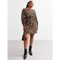 New Look Curves Leopard Print Long Sleeve Mini Dress - Brown