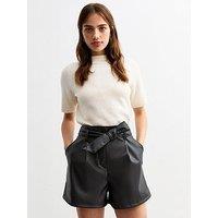 New Look Tie Waist Faux Leather Shorts - Black