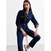 New Look Buttoned Denim Jumpsuit - Dark Blue