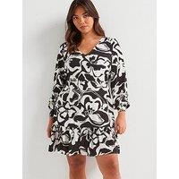 V By Very Curve V Neck Frill Hem Dress - Floral Print