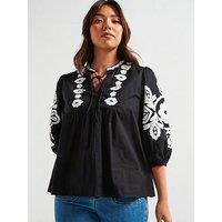 V By Very Curve Mono Applique Blouse - Black/White