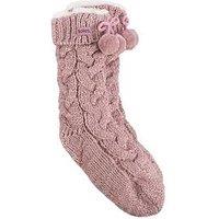 Totes Luxury Knitted Slipper Socks With Pom - Pink