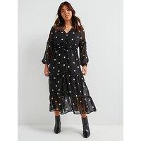 V By Very Curve Embroidered Tiered Midi Dress - Black