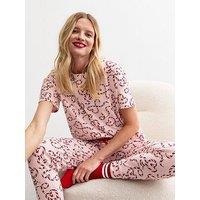 New Look Pink Christmas Jersey Candy Cane Heart Print Pyjama Set