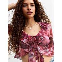 New Look Tie Front Floral Print Ruffled Crop Top - Pink