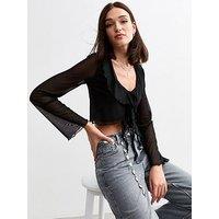 New Look Ruffle Trim Tie Front Top - Black