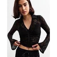 New Look Ruched Lace Zip Through Shirt - Black