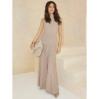 Michelle Keegan Knitted High Neck Waist Detail Midaxi Dress - Beige