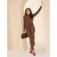 Michelle Keegan Knitted Tie Waist Midaxi Long Sleeve Dress - Brown