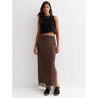 New Look Brown Mesh Animal Print Split Hem Maxi Skirt