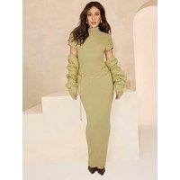 Michelle Keegan Asymmetric Ribbed Belted Midaxi Dress - Green