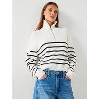Mango Stripe 1/4 Zip Knitted Jumper - Cream