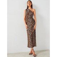 Mango Leopard One Shoulder Maxi Dress - Brown