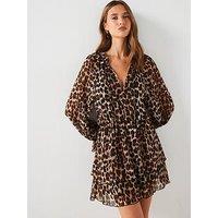 Mango Ruffle Leopard Mini Dress - Brown