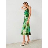 Mango Printed Pleated Waist Midi Dress - Green