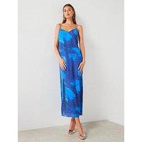 Mango Side Split Floral Midaxi Dress - Blue