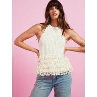 Mango Fringe Detail Knitted Halter Top - Cream