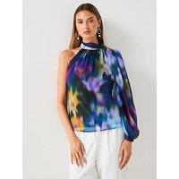 Mango One Shoulder Abstract Print Blouse - Blue