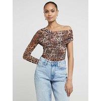 River Island Mesh Asymmetric Bodysuit - Brown