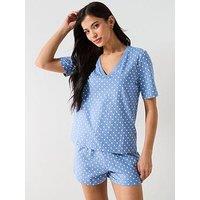 Everyday Printed Aop V Neck Short Sleeve Top And Short Pj Set - Blue