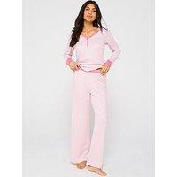 V By Very Stripe Henley Long Sleeve And Jogger Pj Set - Pink