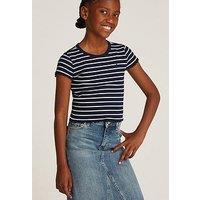 Tommy Hilfiger Girls Rib Knit Stripe Short Sleeve Top - Navy