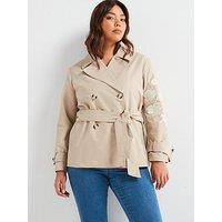V By Very Curve Cropped Trench Embroidered Jacket - Beige