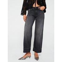 Only Ella Midi Waist Wide Fold Up Jean - Black