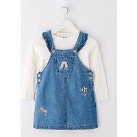 Mini V By Very Girls Frill Shoulder Denim Pinny & Long Sleeve T-Shirt Set - Pink