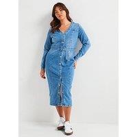 V By Very Curve Belted Stretch Denim Dress - Blue