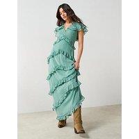 V By Very V Neck Ruffle Maxi Dress Green